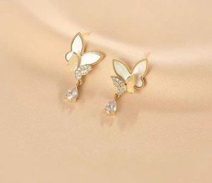 Double Butterfly Hanging Pearl Earings / Earrings Women's Earrings for Gift / for girls - Golden